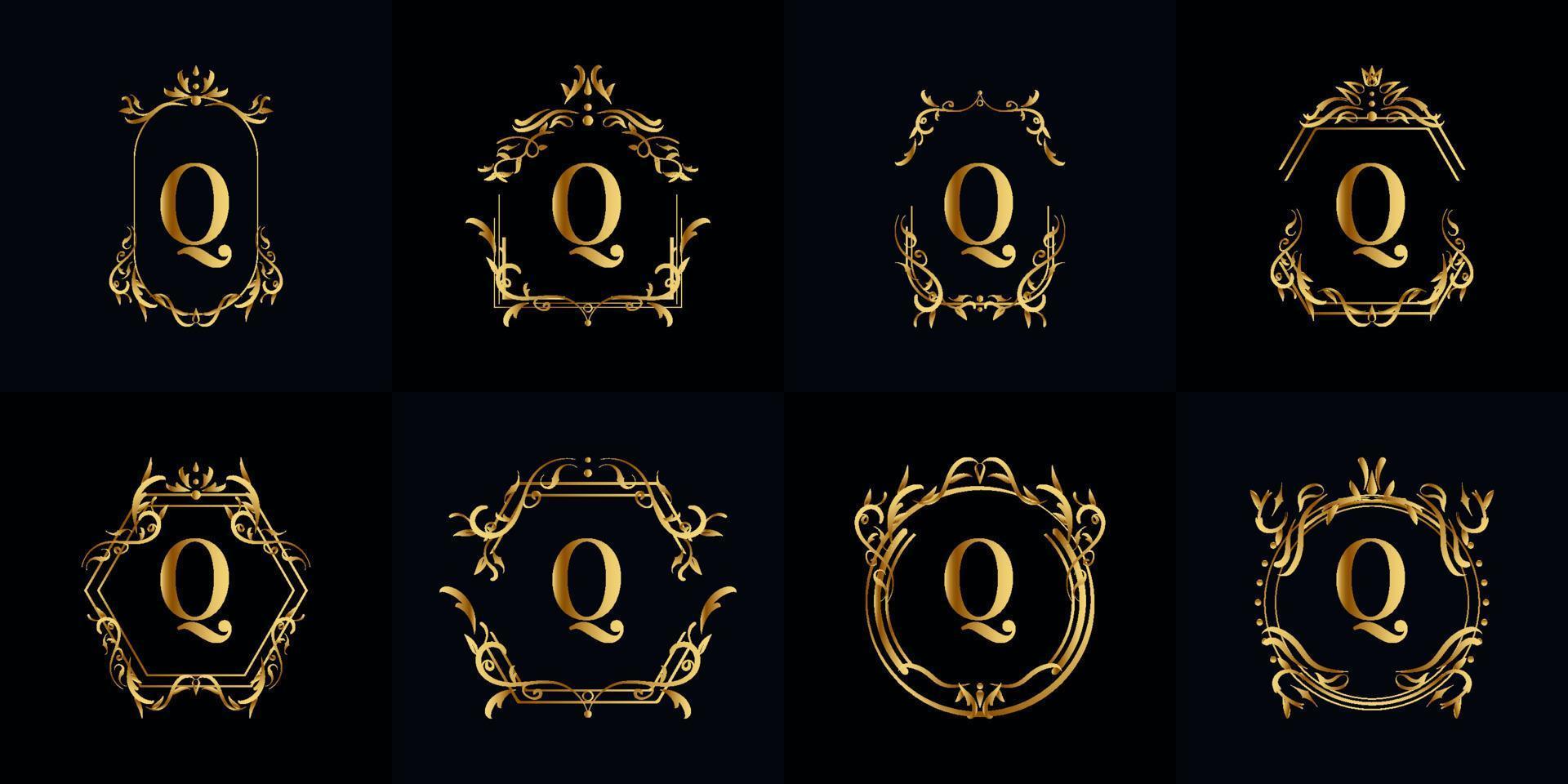 samling av logotyp initial q med lyxprydnad eller blomram vektor