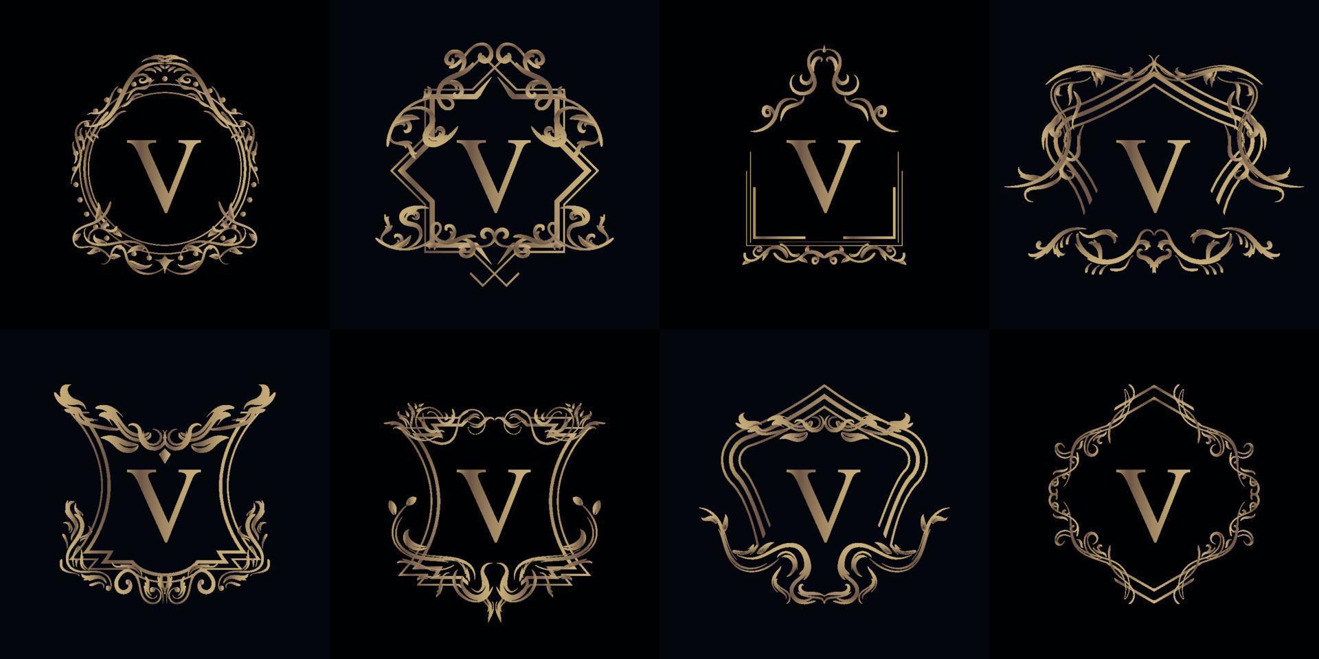 samling av logotyp initial v med lyxprydnad eller blomram vektor