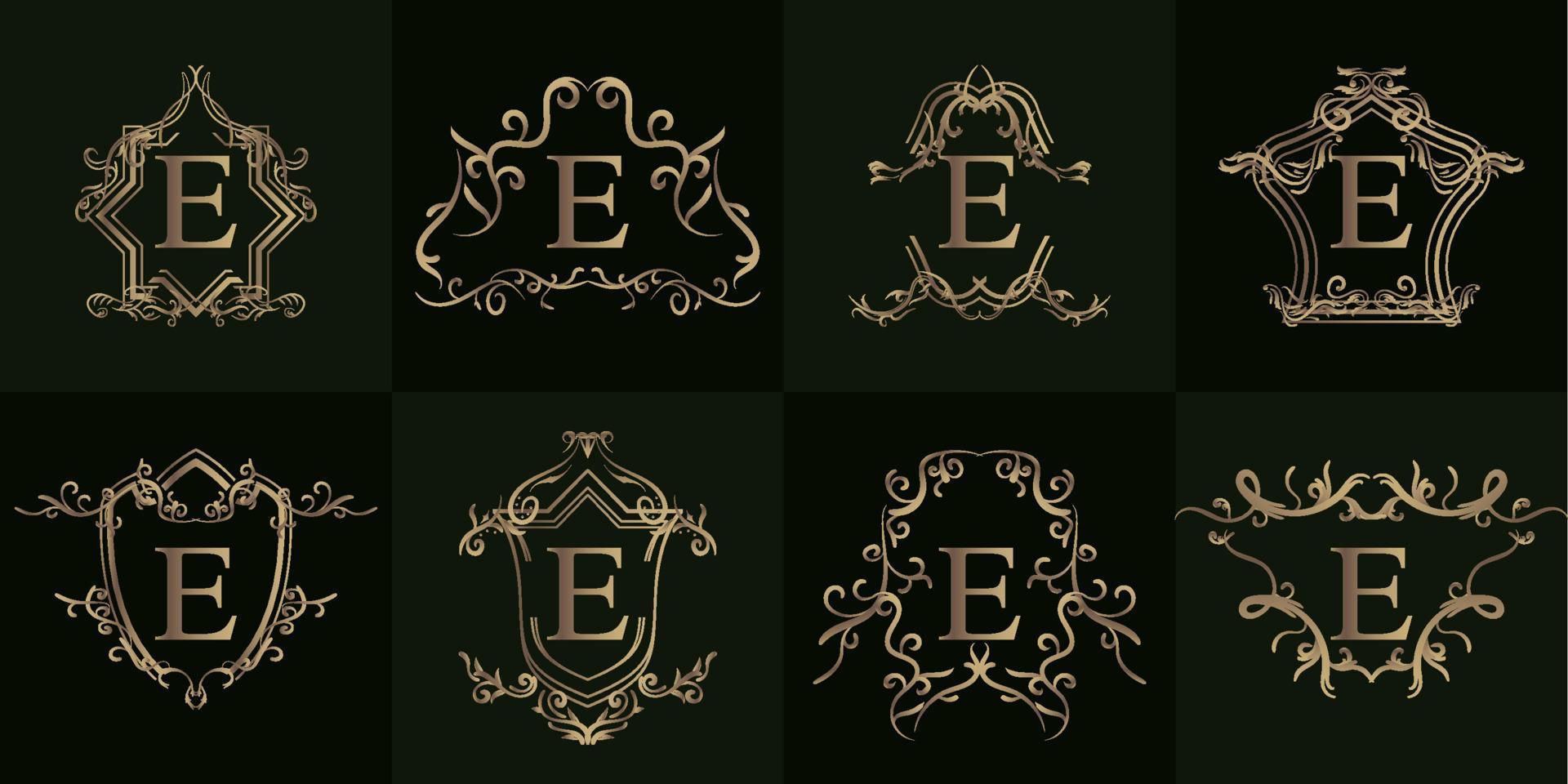 samling av logotyp initial e med lyxig prydnad eller blomram vektor