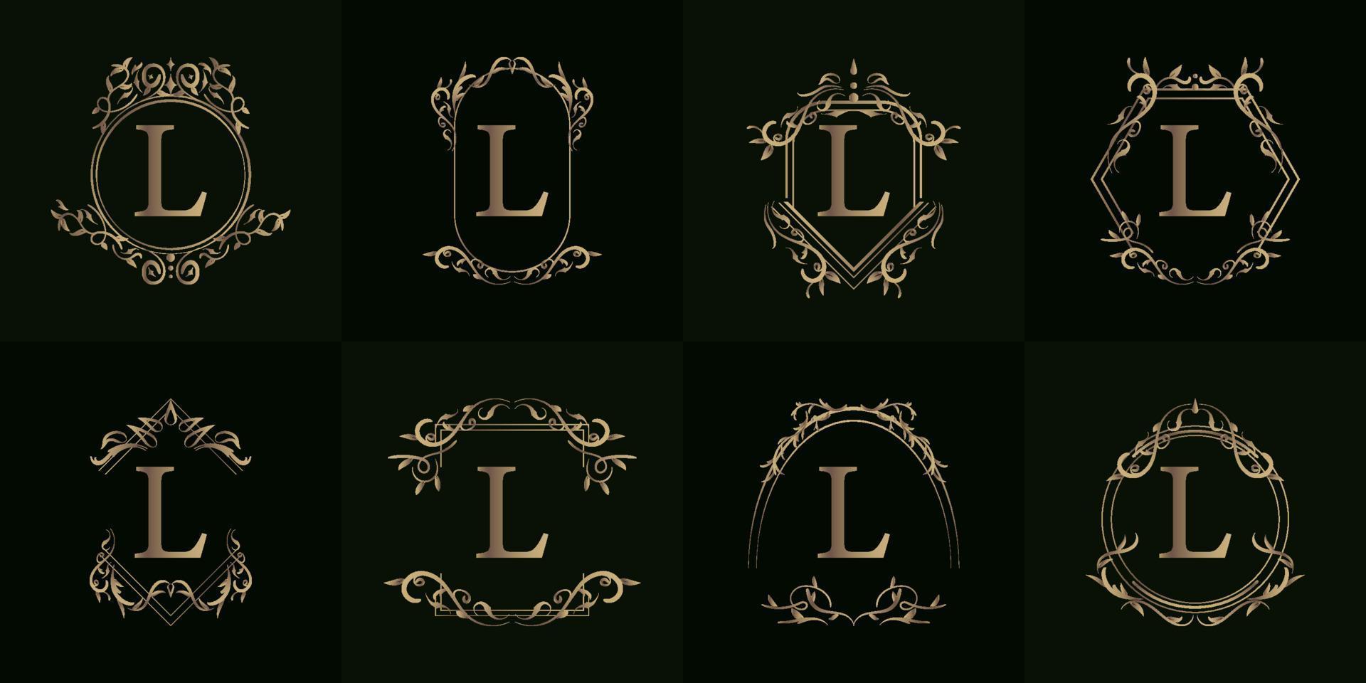 logotyp initial l med lyxprydnad eller blomram, set samling. vektor