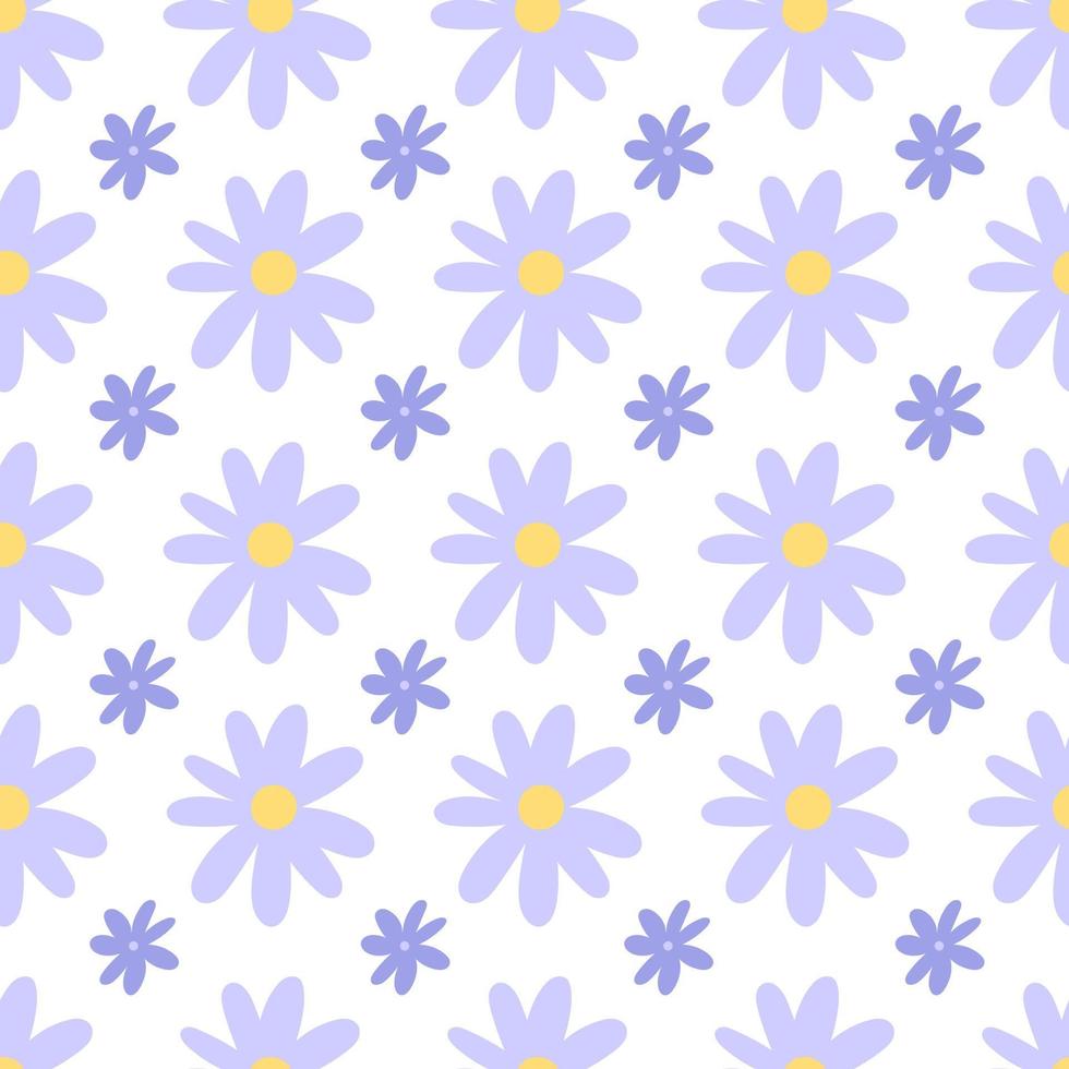 Nahtloses Muster mit einfachen Doodle violetten Wiesenblumen isoliert auf weißem Hintergrund. kamille flache verzierung. vektor