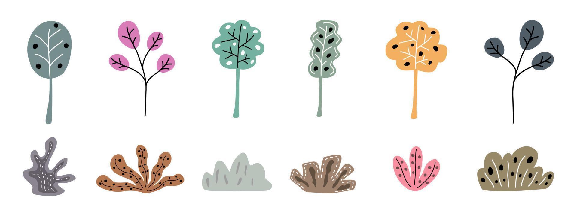 uppsättning vektor löv och växter doodle stil mönster