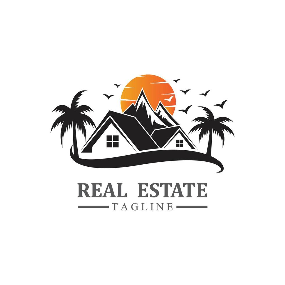 immobilien-logo-design-ikonen mit sonne und vögeln kostenlos vektor