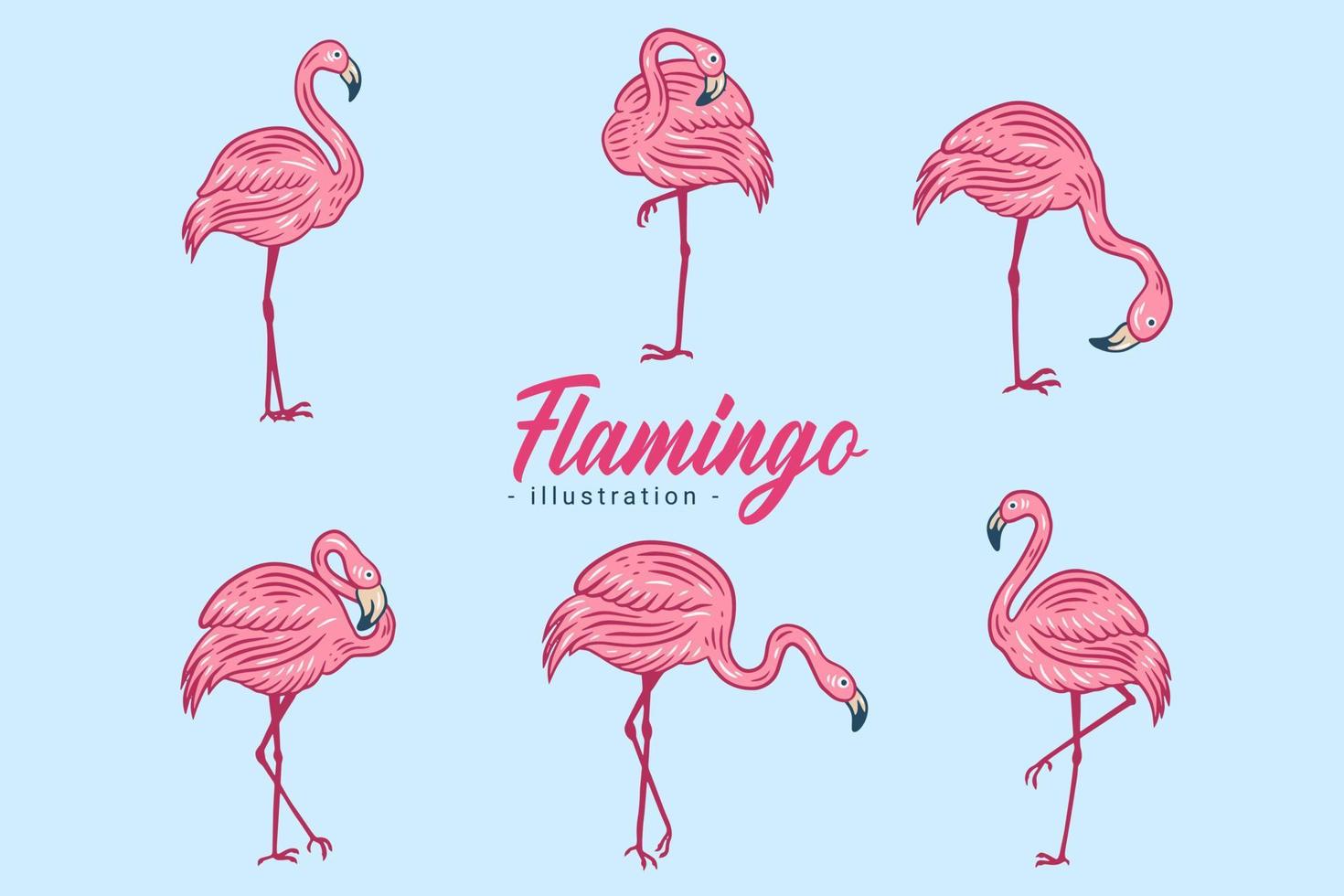 uppsättning av söta flamingo rosa fågelflamingos estetiska tropiska exotiska handritade platt stilsamling vektor