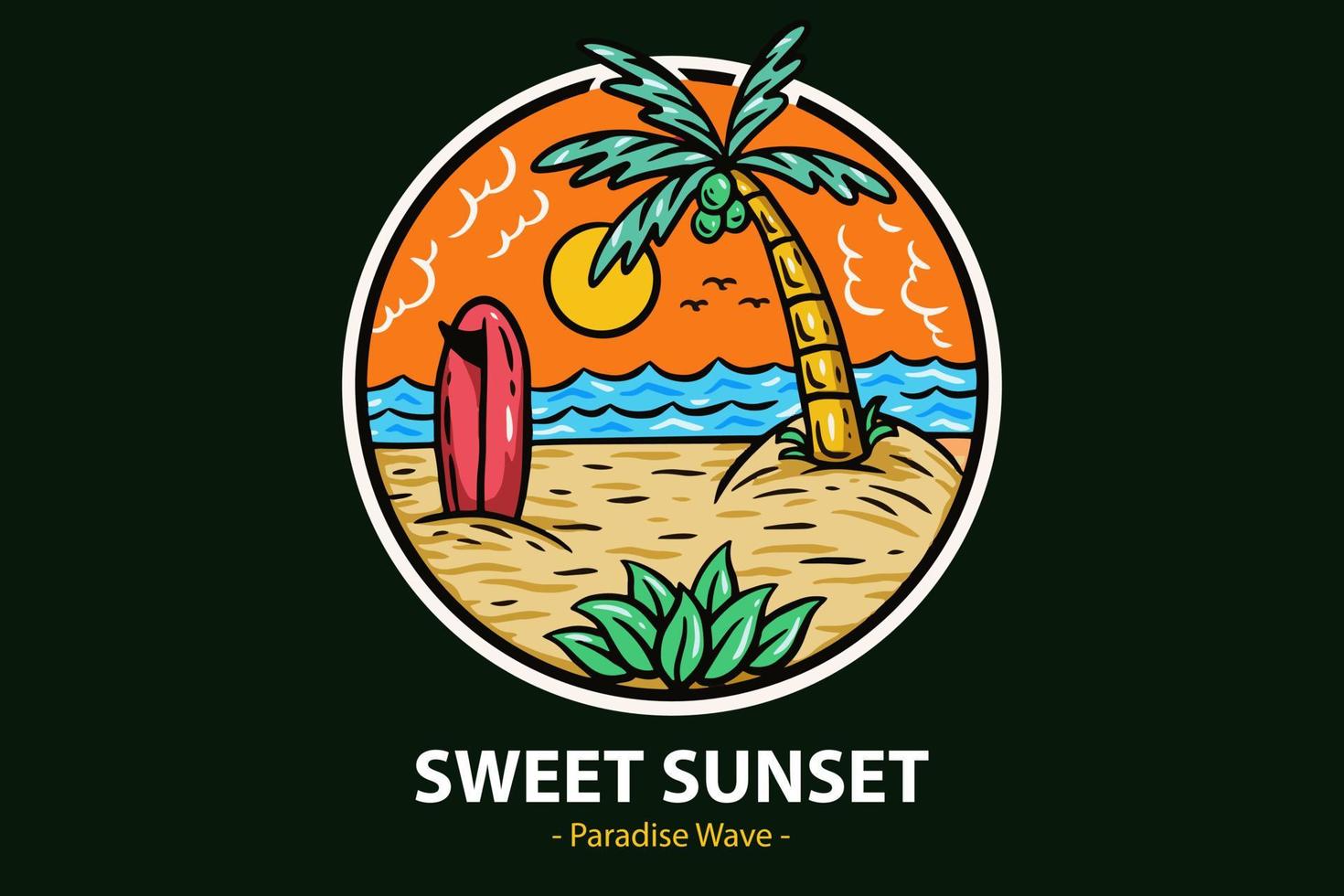 sommartid märken med solnedgång och våg kokospalmer och surfa stranden paradis ön himlen vektor