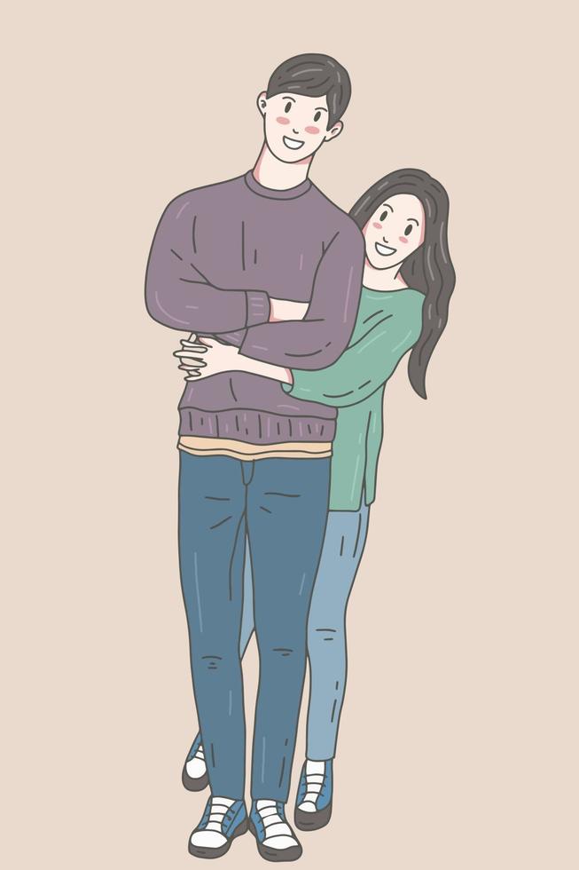 söta par lycklig kärlek tillsammans pojkvän och flickvän kvinnor män flicka pastell färg mode clipart doodle linjekonst illustration vektor