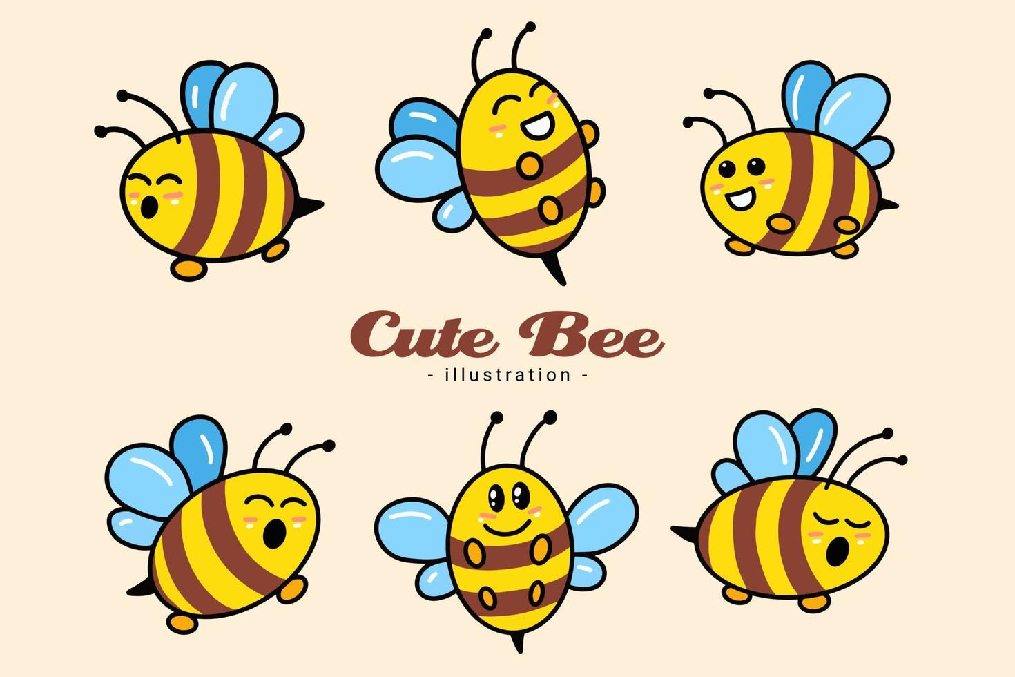 uppsättning av söta bi honungsdjur med olika poser tecknad clipart barnslig liten bi maskot platt design vektor