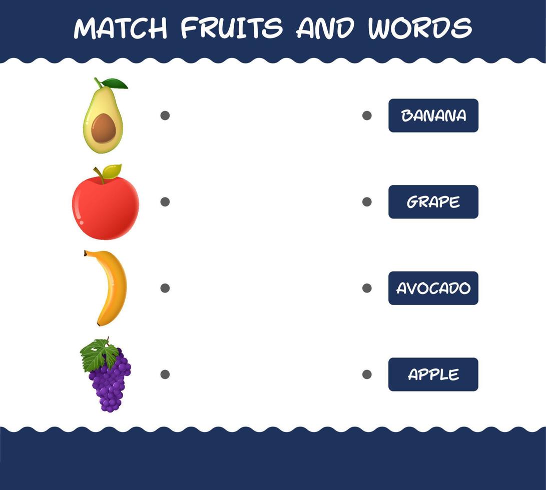 matcha tecknade frukter och ord. matchande spel. pedagogiskt spel för barn och småbarn i förskoleåldern vektor