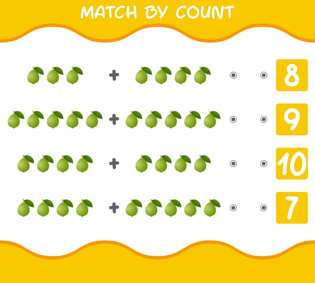 match efter antal tecknade guavor. match och räkna spel. pedagogiskt spel för barn och småbarn i förskoleåldern vektor