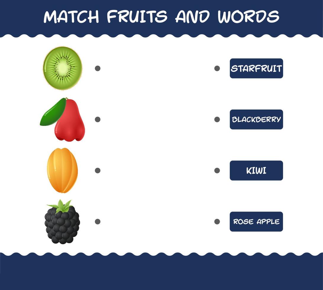 matcha tecknade frukter och ord. matchande spel. pedagogiskt spel för barn och småbarn i förskoleåldern vektor