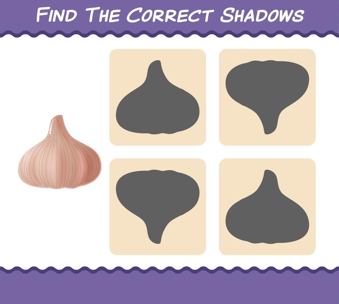 Finden Sie die richtigen Schatten von Cartoon-Knoblauch. Such- und Zuordnungsspiel. Lernspiel für Kinder und Kleinkinder im Vorschulalter vektor