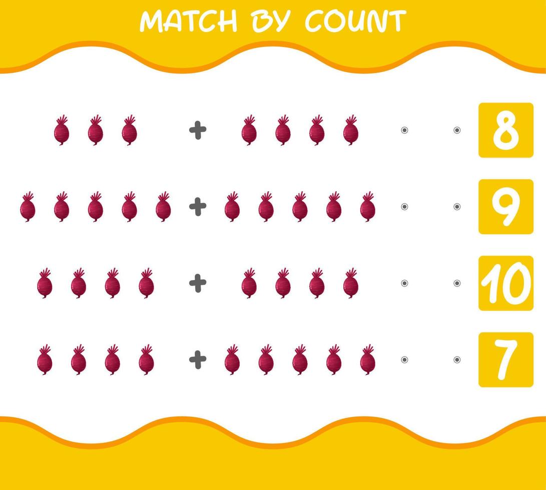 Match nach Anzahl der Cartoon-Roten Bete. Match-and-Count-Spiel. Lernspiel für Kinder und Kleinkinder im Vorschulalter vektor