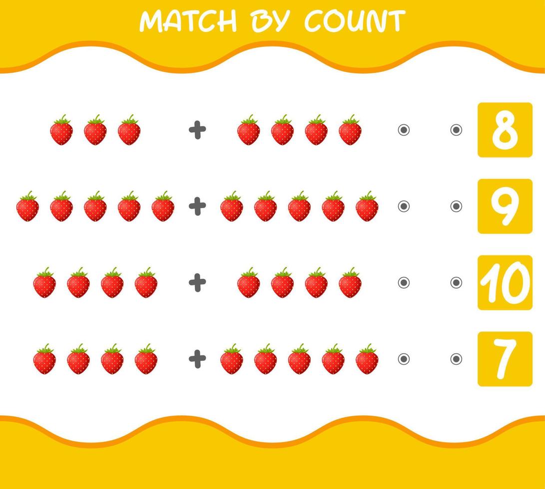 Übereinstimmung durch Anzahl von Cartoon-Erdbeeren. Match-and-Count-Spiel. Lernspiel für Kinder und Kleinkinder im Vorschulalter vektor