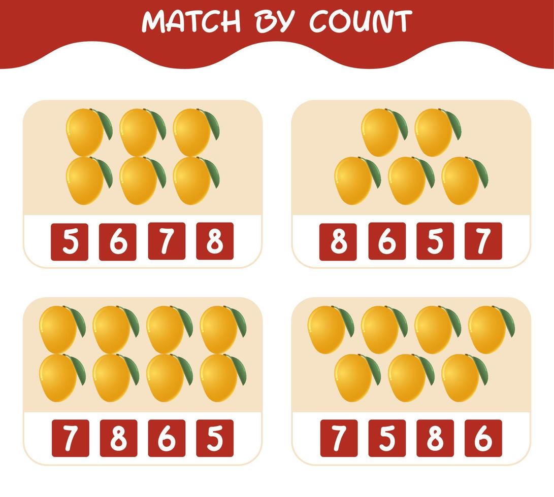 Match nach Anzahl der Cartoon-Mangos. Match-and-Count-Spiel. Lernspiel für Kinder und Kleinkinder im Vorschulalter vektor