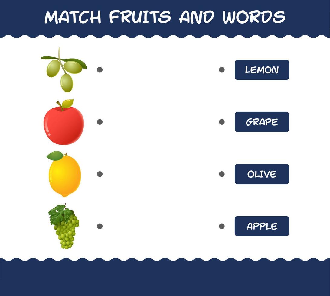 matcha tecknade frukter och ord. matchande spel. pedagogiskt spel för barn och småbarn i förskoleåldern vektor