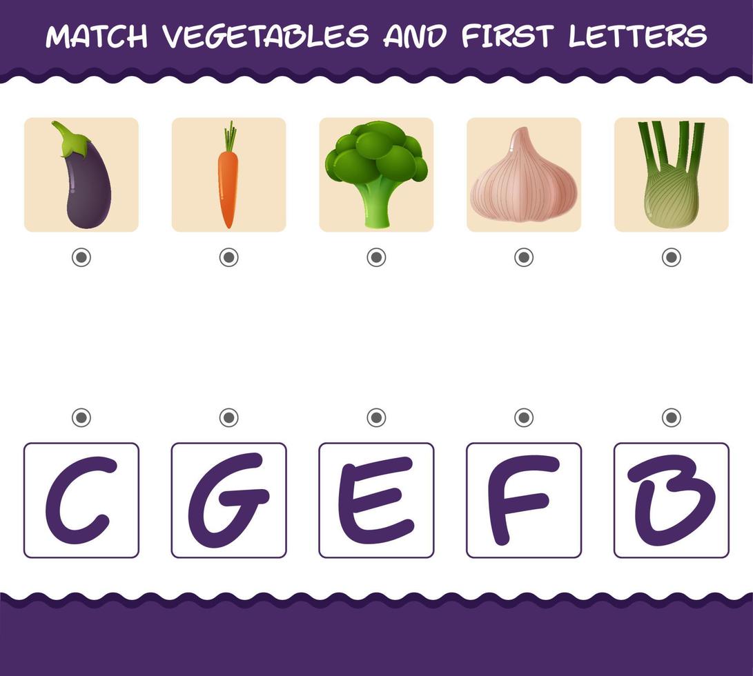 Match-Cartoon-Gemüse und Anfangsbuchstaben. Matching-Spiel. Lernspiel für Kinder und Kleinkinder im Vorschulalter vektor