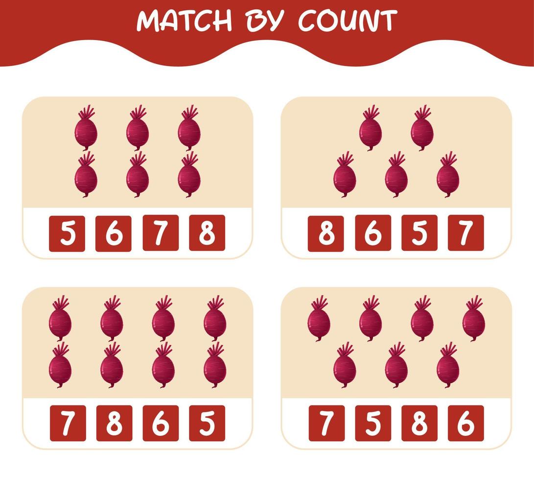 Match nach Anzahl der Cartoon-Roten Bete. Match-and-Count-Spiel. Lernspiel für Kinder und Kleinkinder im Vorschulalter vektor
