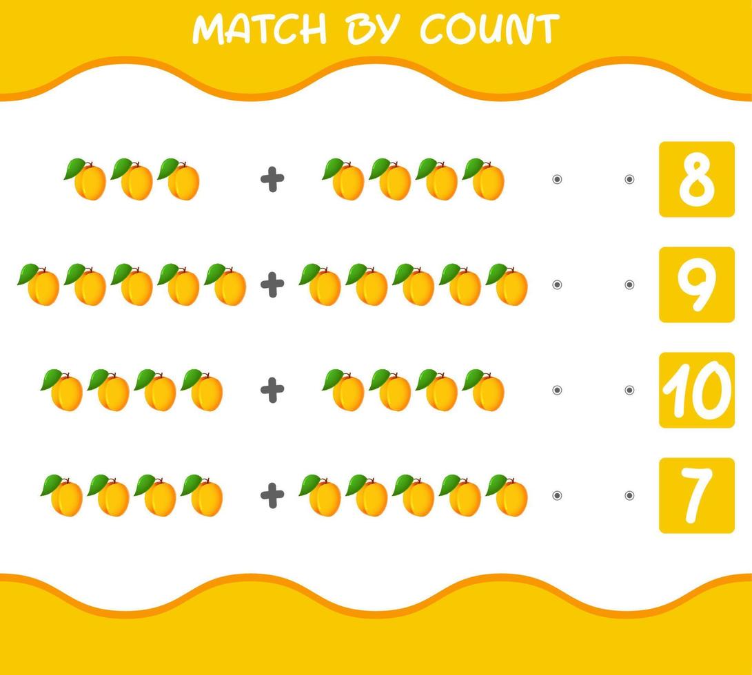 Abgleich nach Anzahl der Cartoon-Aprikosen. Match-and-Count-Spiel. Lernspiel für Kinder und Kleinkinder im Vorschulalter vektor