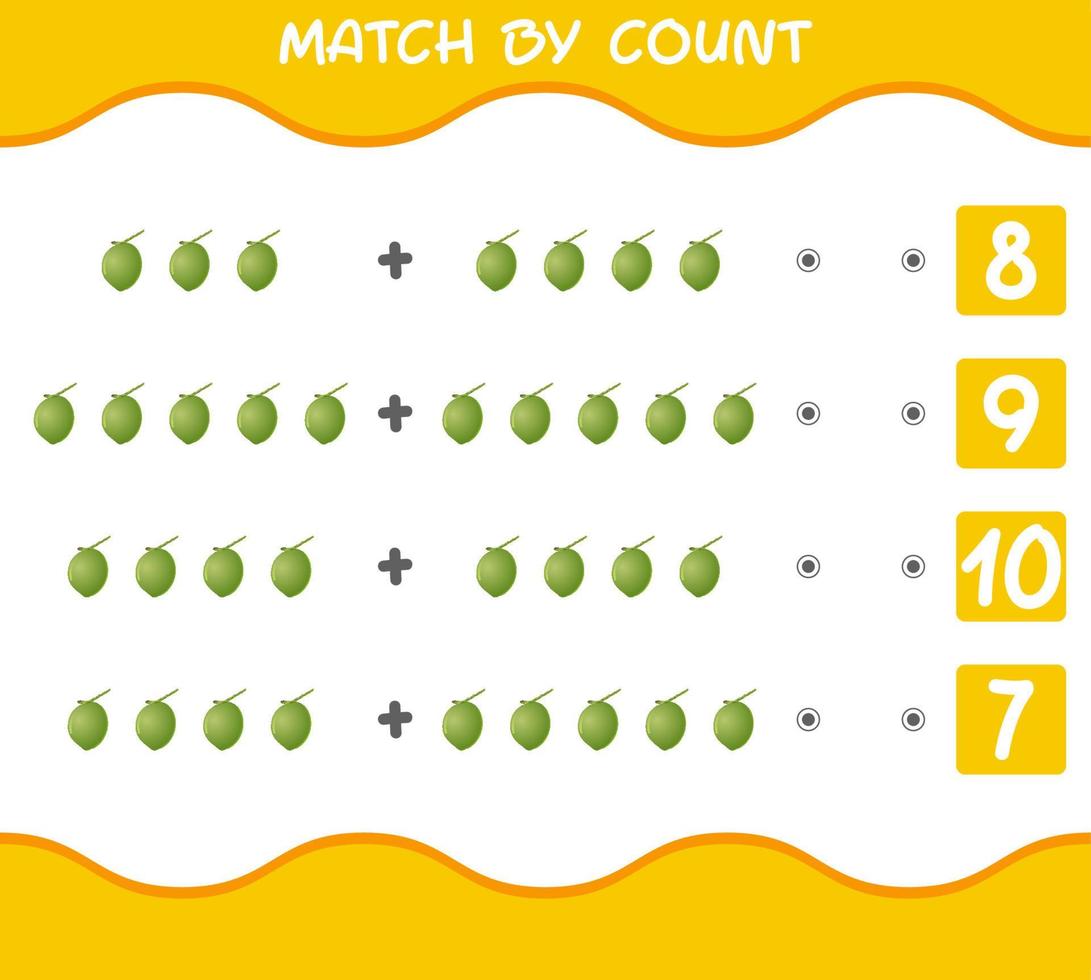 Übereinstimmung durch Anzahl von Cartoon-Kokosnüssen. Match-and-Count-Spiel. Lernspiel für Kinder und Kleinkinder im Vorschulalter vektor