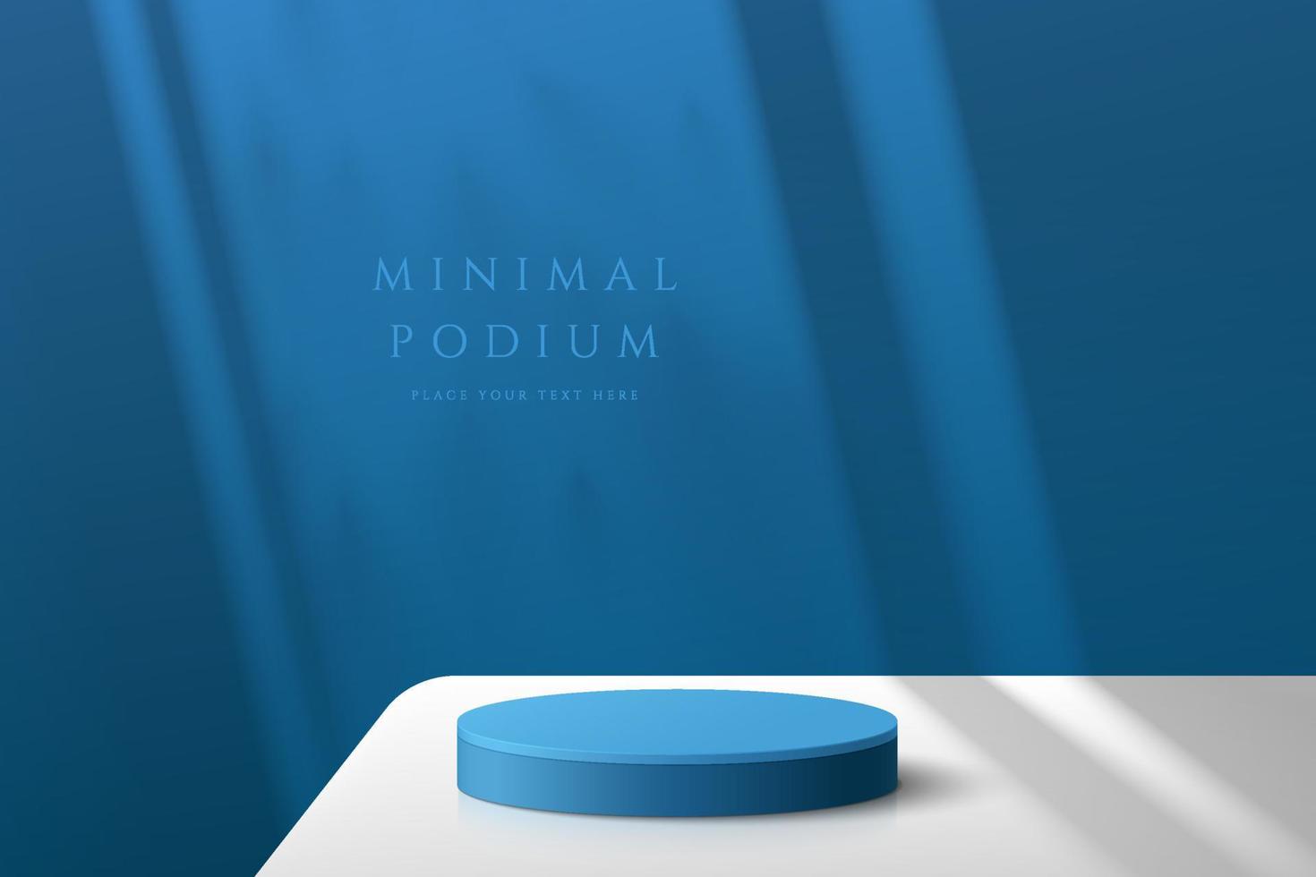 abstrakt blå 3d rum med realistisk cylinder piedestal podium på vitt bord skrivbord och fönster skugga. minimal scen för produktpresentation. vektor mock up geometriska former. scen för showcase