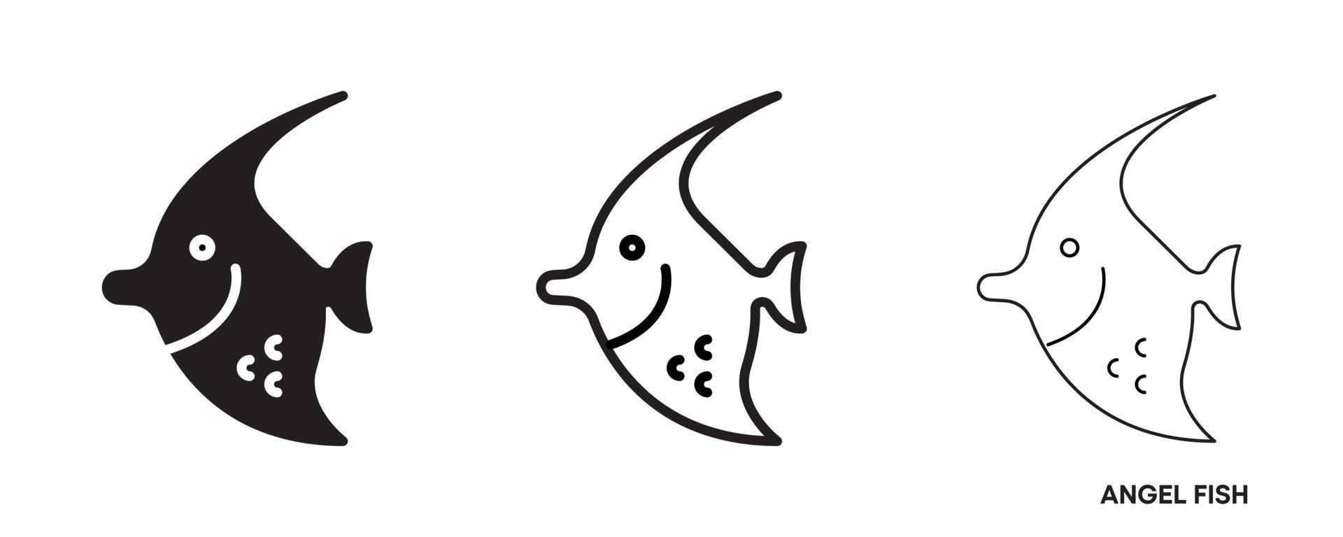 Engel Fischlinie Symbolsatz. Zu diesen Symbolen gehören dünne, dicke und Silhouetten-Kaiserfisch-Symbolsätze. editierbare Zeile. Fisch-Symbol. Fisch-Logo-Vorlage. kreatives Vektorsymbol des Angelvereins oder des Online-Webshops. vektor