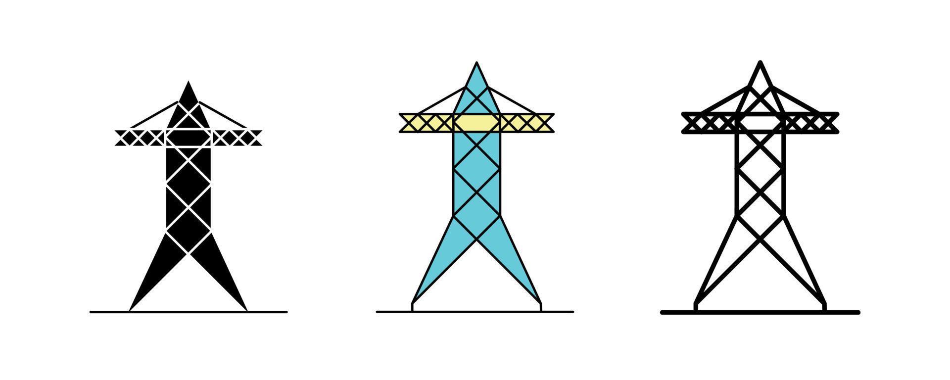 Icon-Design für elektrische Übertragungsmasten. satz von silhouette, buntem und linearem elektrischem turmsymbol. elektrische Turmsymbol-Linienvektorillustration isoliert auf einem sauberen Hintergrund für Ihre mobile Web-App. vektor