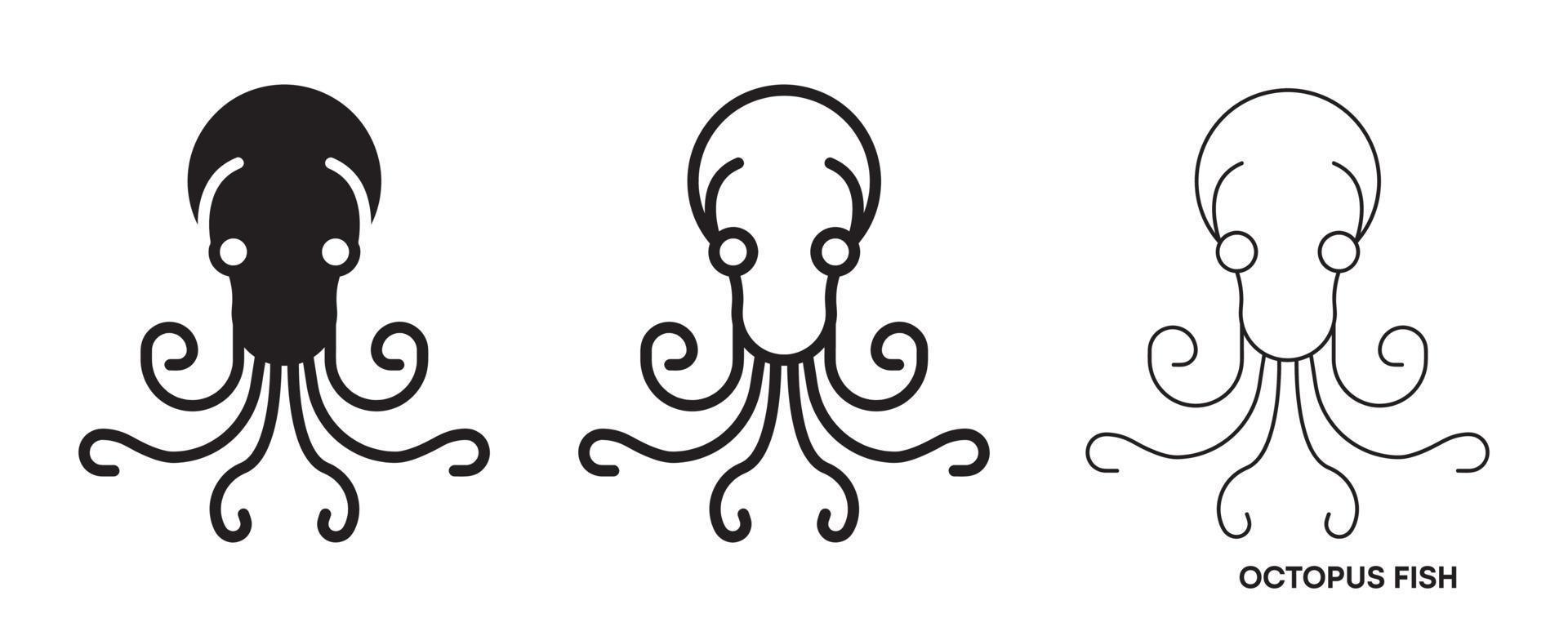 Oktopus-Fisch-Linie-Icon-Set. Zu diesen Symbolen gehören dünne, dicke und Silhouetten-Tintenfisch-Symbolsätze. editierbare Zeile. Fisch-Symbol. Fisch-Logo-Vorlage. kreatives Vektorsymbol des Angelvereins oder Online-Shops. vektor