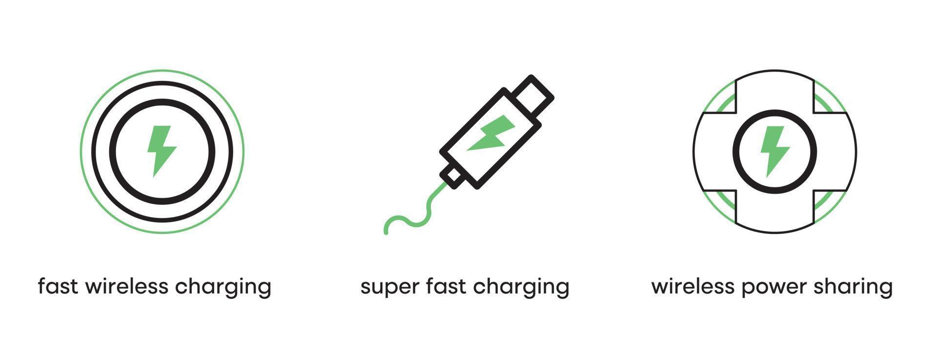 schnelles kabelloses Laden, superschnelles Laden und Icon-Set für kabellose Energiefreigabe. Dieses Symbol ist der Symbolsatz für intelligente Geräte. buntes Ladesymbol. editierbarer Strich. Logo, Web und App. vektor