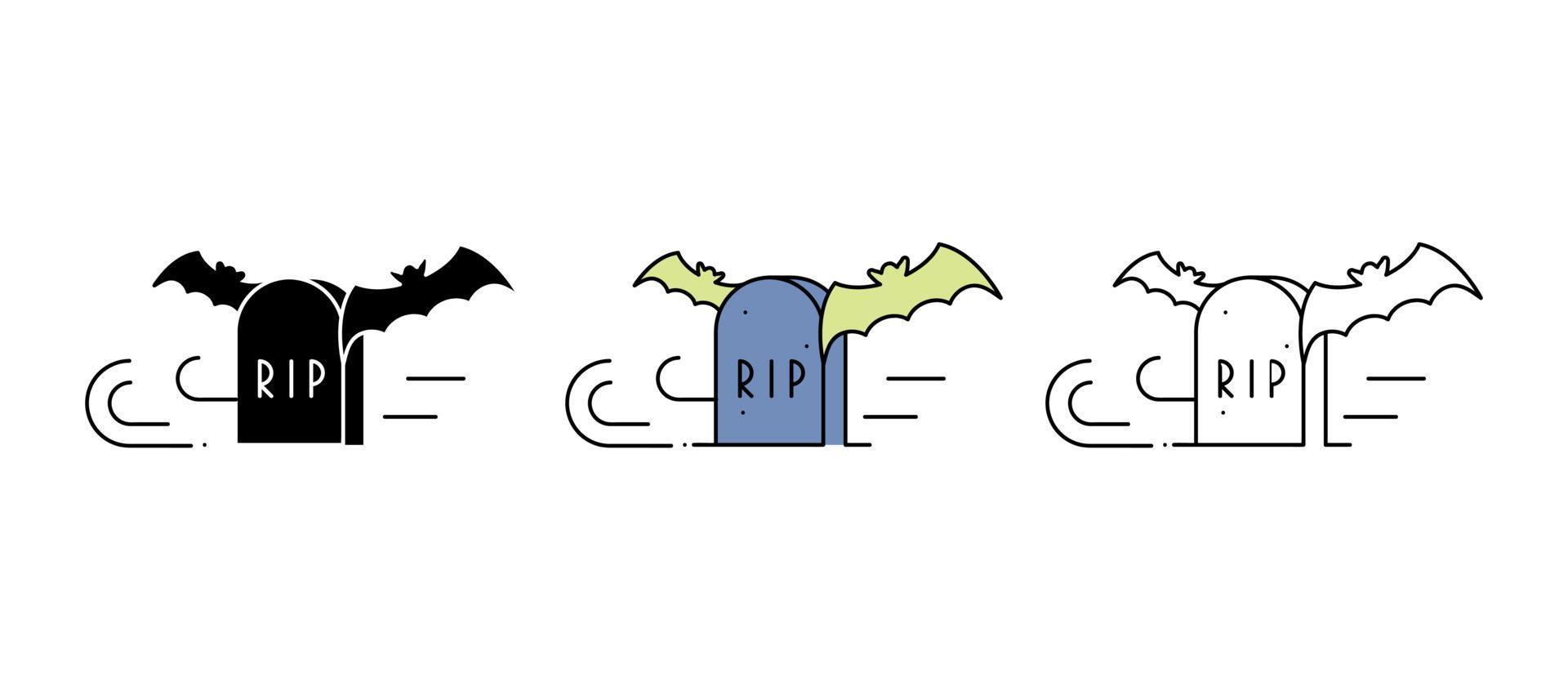 bat-ikonen flyger över kyrkogården. set lämplig för konceptet halloween. det är en färgstark, silhuetter och linjär ikonuppsättning. vektor