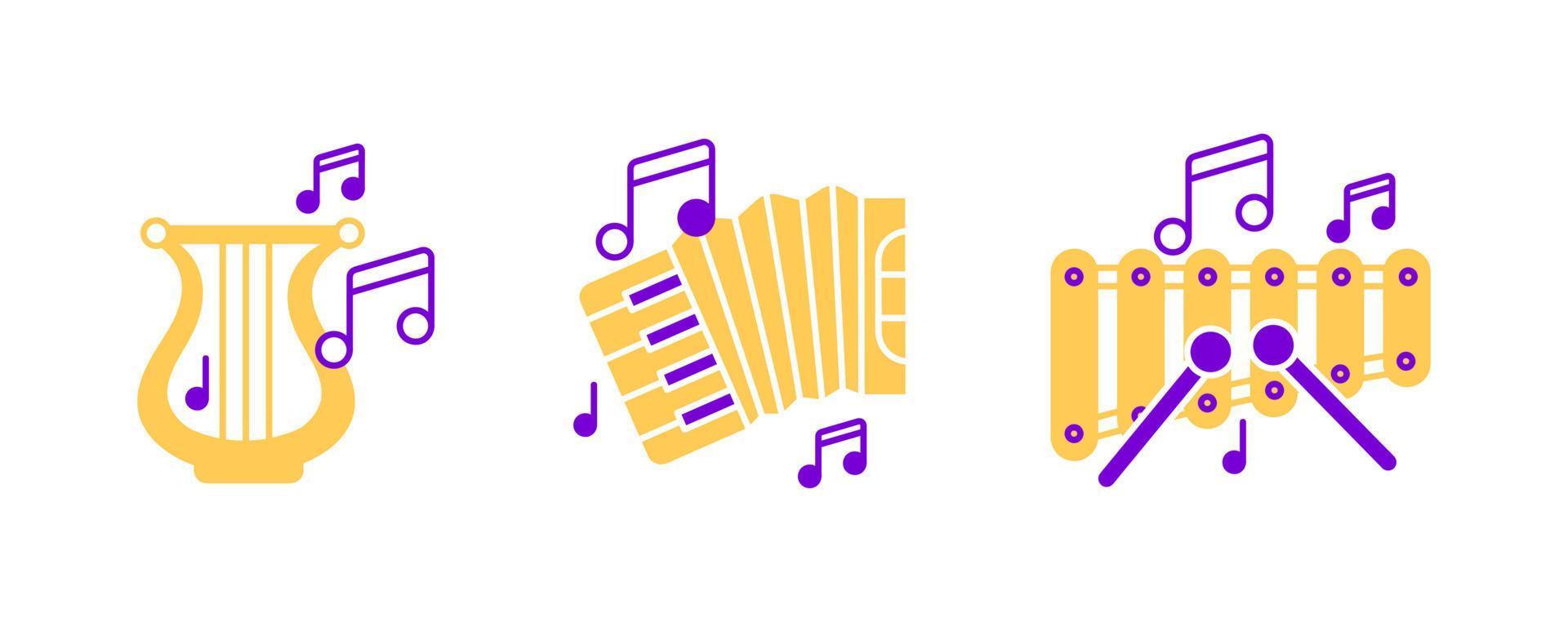 Akkordeon, Harfeninstrument, Xylophon und Musiknoten-Icon-Set. Unterhaltungs- und Musikikone. Saiteninstrumente gesetzt. editierbarer Zeilensatz. farbiges Icon-Set. vektor