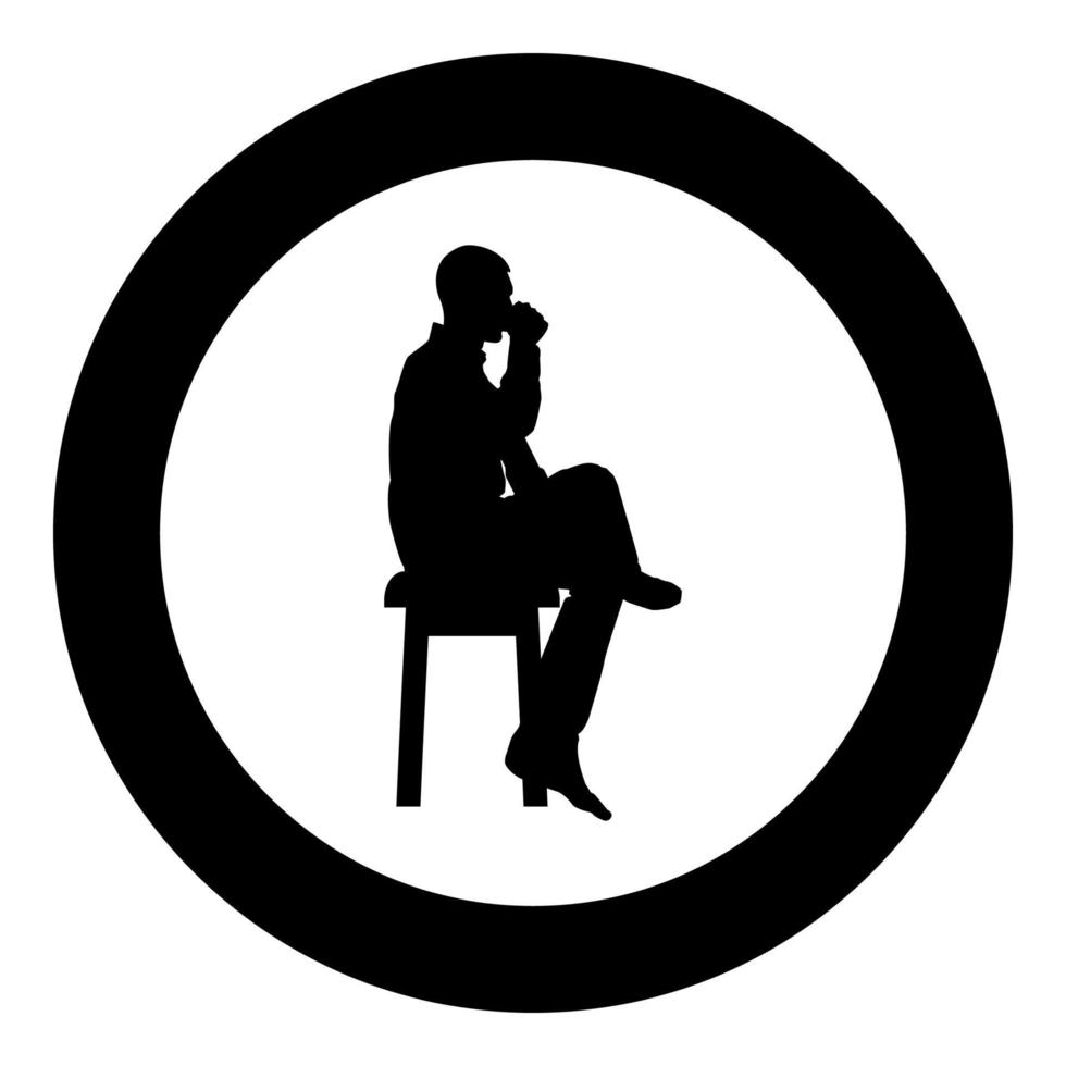 man dricker ur mugg sitter på pall med korsade ben koncept slappna av ikon svart färg vektor i cirkel rund illustration platt stil bild