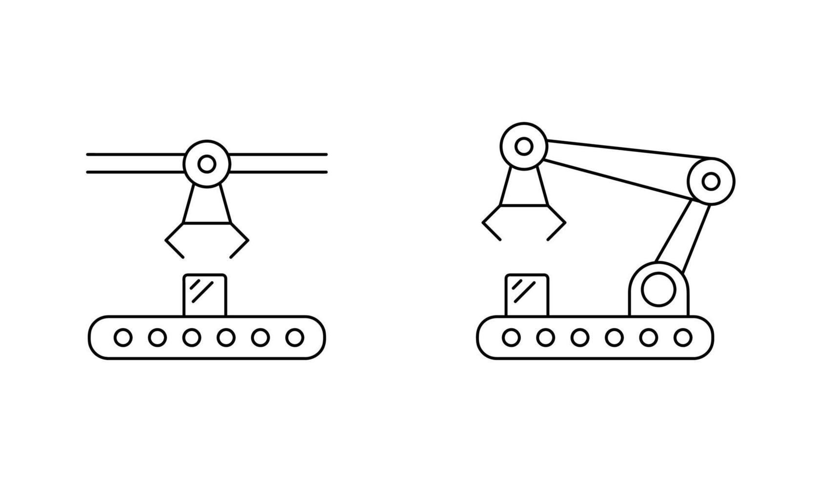 Symbolsatz für moderne Robotik und manuelle Fertigung. Verpackung, Verladung und Lagerbestand. Entfernung von feinen Strichzeichnungen. stilillustrationen lokalisiert auf weiß. vektor