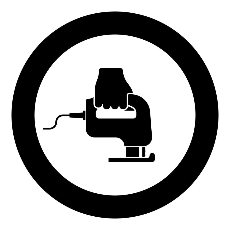 Elektrische Laubsäge Werkzeug Hand Stichsäge im Einsatz Arm-Symbol im Kreis runde schwarze Farbe Vektor-Illustration solide Umrisse Stil Bild vektor