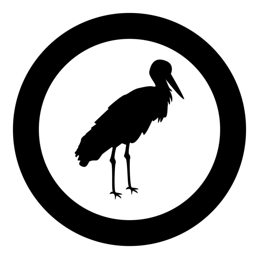 Storch Vogel stehend Kran Reiher Silhouette im Kreis rund schwarz Farbe Vektor Illustration solide Umriss Stil Bild
