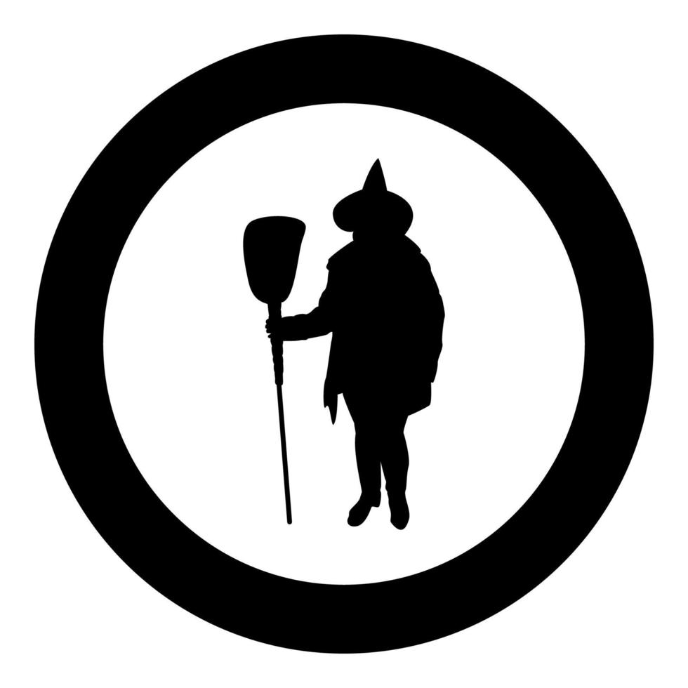 Fee Zauberer Hexe stehend mit Besen Thema für Halloween Konzept Silhouette im Kreis runde schwarze Farbe Vektor Illustration solide Umriss Stil Bild