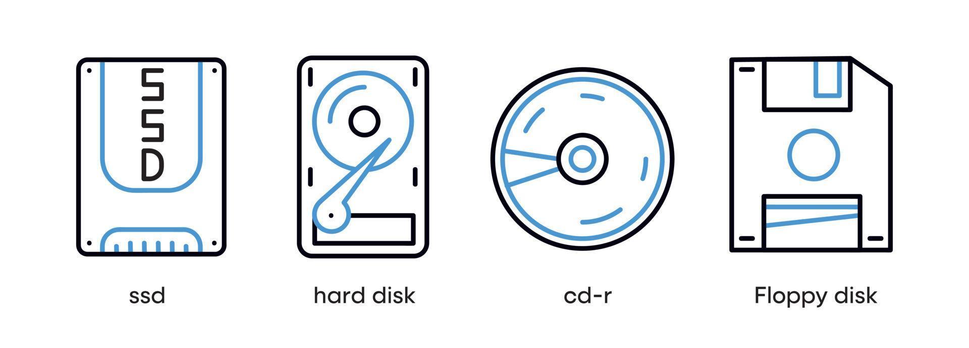 ssd-, festplatten-, cd-r- und diskettensymbolsatz. Dieses Symbol ist der Symbolsatz für Computerteile. buntes Disk-Symbol. editierbarer Strich. Logo, Web und App. vektor