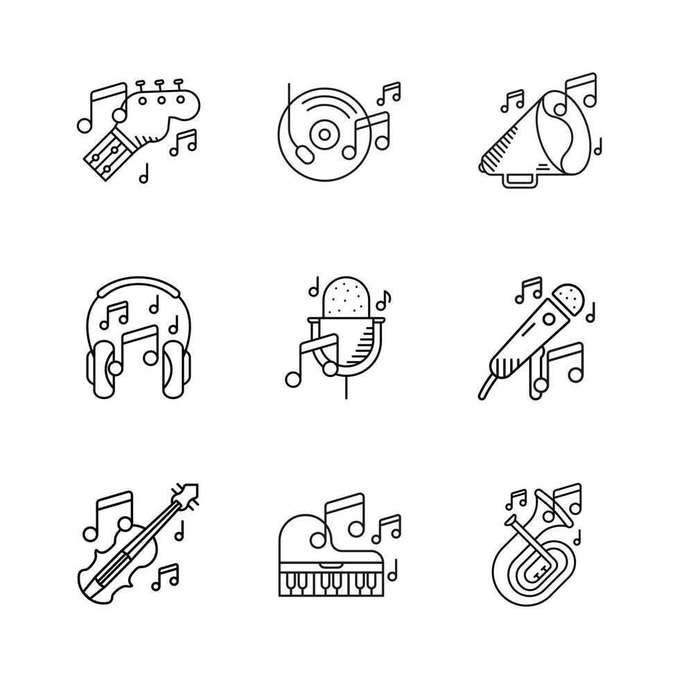 Satz von 9 Musikinstrumenten-Symbol. Geige, Bariton-Tuba, Trompete, Klavier, Lautsprechergitarre, Musiknoten und viele Icon-Sets. Unterhaltungs- und Musikikone. Kunst-Vektor-Illustration-Set. lineares Icon-Set. vektor