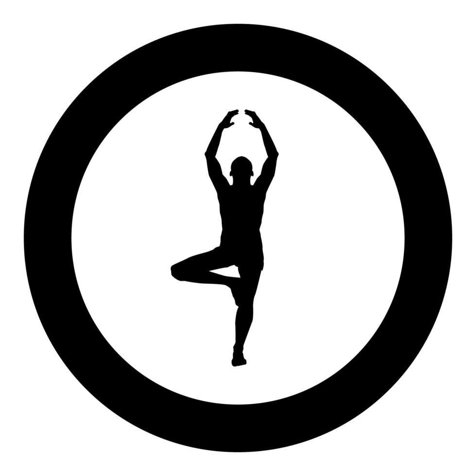 Der Mensch steht in der Lotusposition und macht Yoga Silhouette Symbol schwarze Farbe Abbildung im Kreis rund vektor