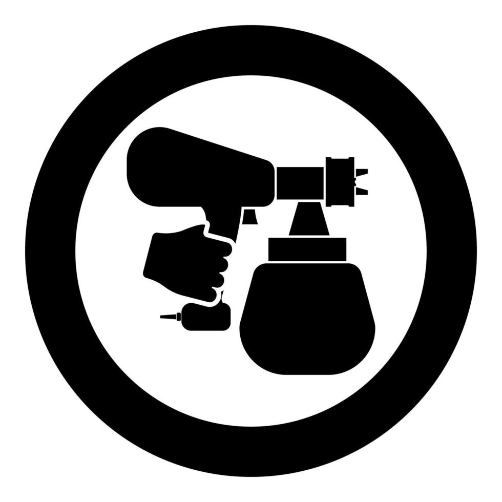 Sprühpistole, die in der Hand Sprüher mit Arm hält, verwenden Werkzeugzerstäuber-Pulverisierer-Symbol im Kreis, runde schwarze Farbe, Vektorgrafik, solides Umrissstilbild vektor