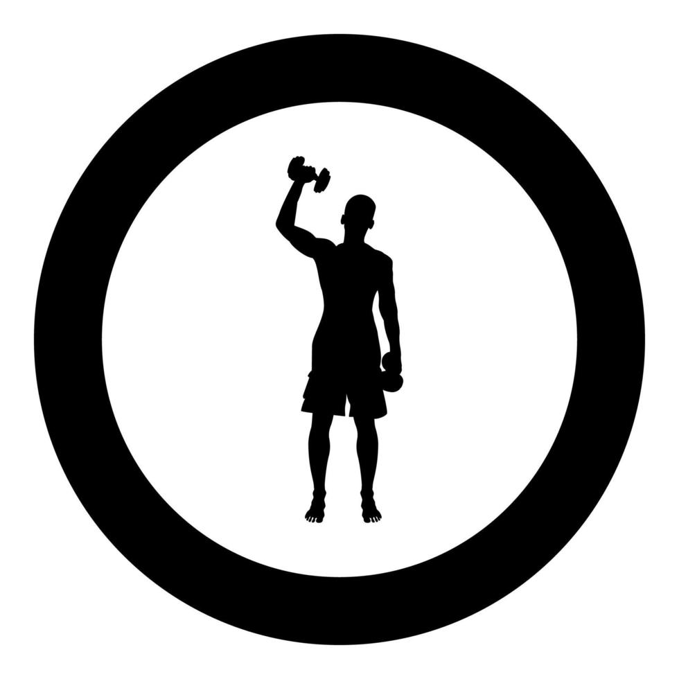 Mann, der Übungen mit Hanteln macht, Sportaktion, männliches Training, Silhouette, Vorderansicht, Symbol, schwarze Farbe, Abbildung im Kreis, rund vektor