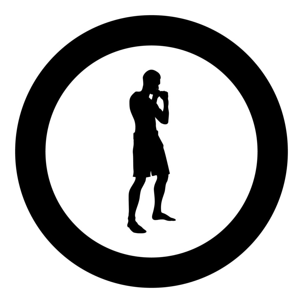 kämpfer in kampfhaltung mann macht übungen sport aktion männlich training silhouette seitenansicht symbol schwarze farbe illustration im kreis rund vektor