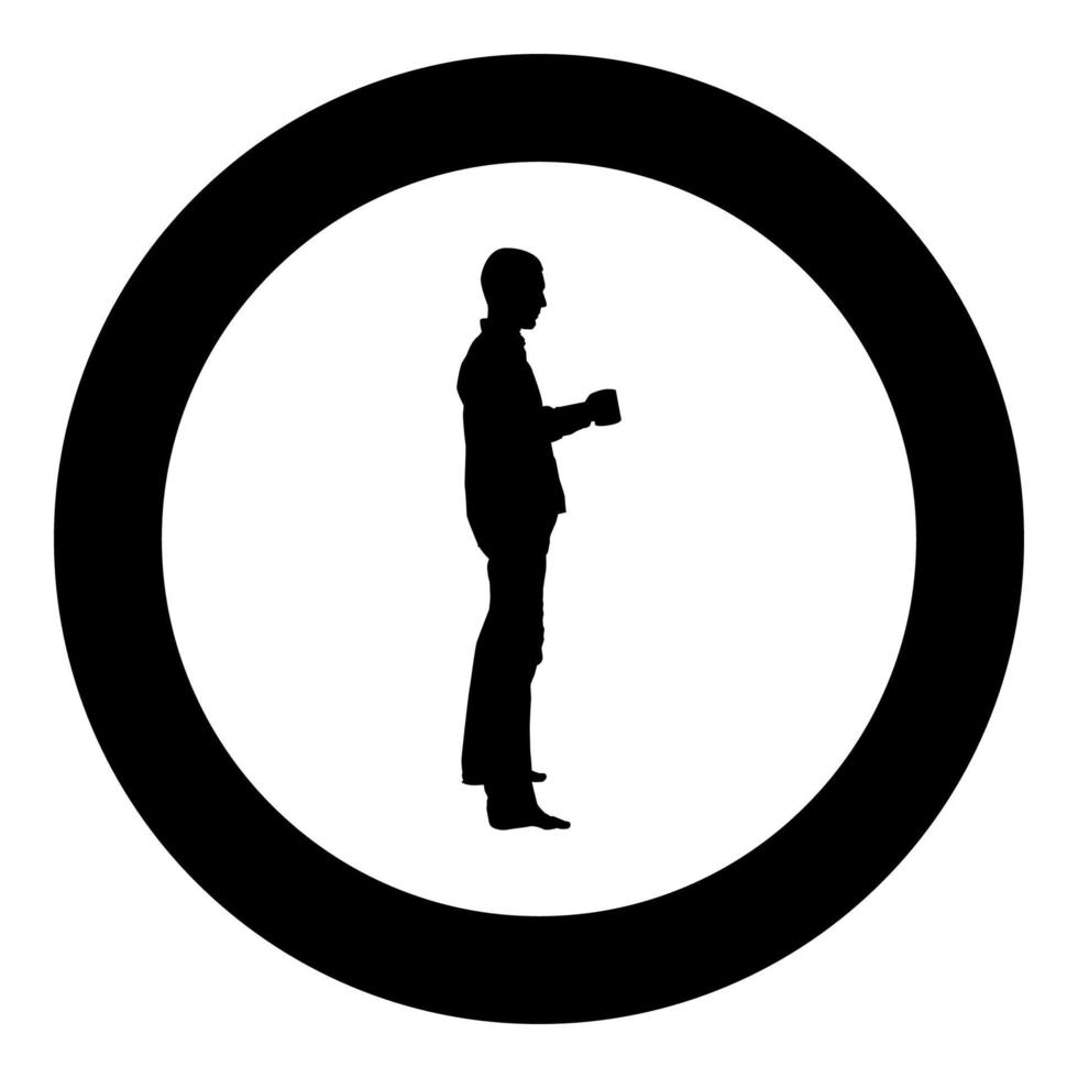 Mann mit Becher stehen Symbol schwarz Farbe Vektor im Kreis runden Abbildung flachen Stil Bild