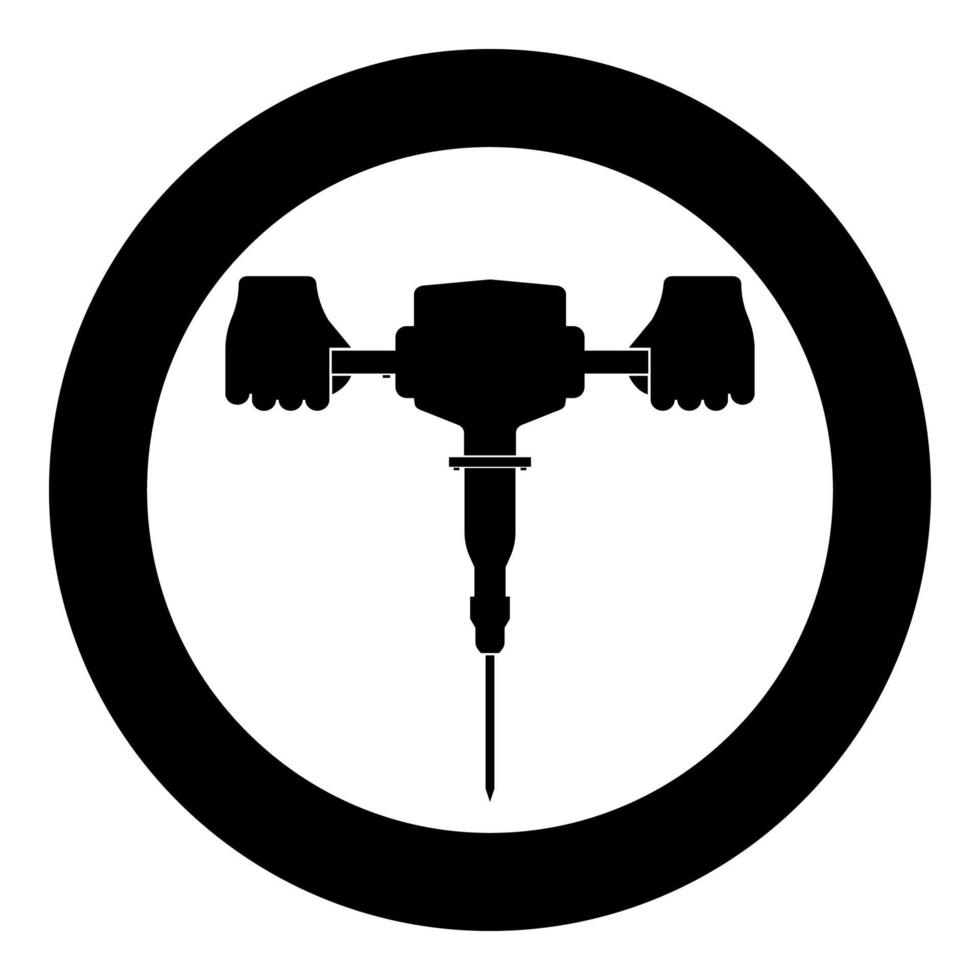 Presslufthammer in der Hand, die Elektrowerkzeug hält, verwenden Sie den Arm mit dem Symbol für elektrische Instrumente im Kreis, runde schwarze Farbvektorillustration, solides Umrissstilbild vektor