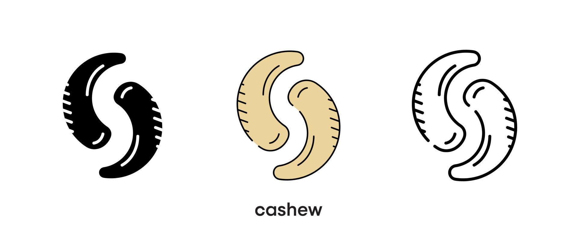 cashew ikon design. cashew ikonuppsättning i siluett, färgad och linjär. cashew ikon linje vektorillustration isolerad på en ren bakgrund för din webbmobilapplikations logotypdesign. modern linje. vektor