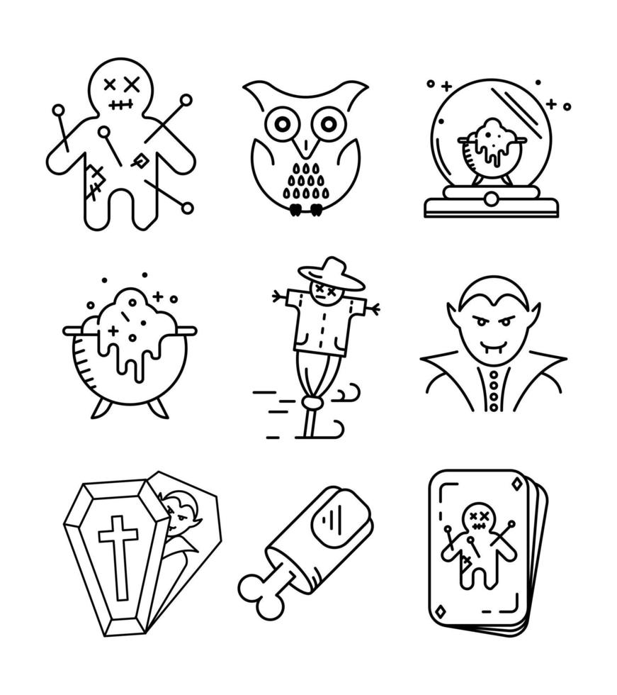 spielkarte mit stoffpuppe, vampir im sarg, geschnittenem finger, magischer kugel, eule und hexenkesselikonen. Set für Halloween-Konzept. lineare Symbole gesetzt. vektor