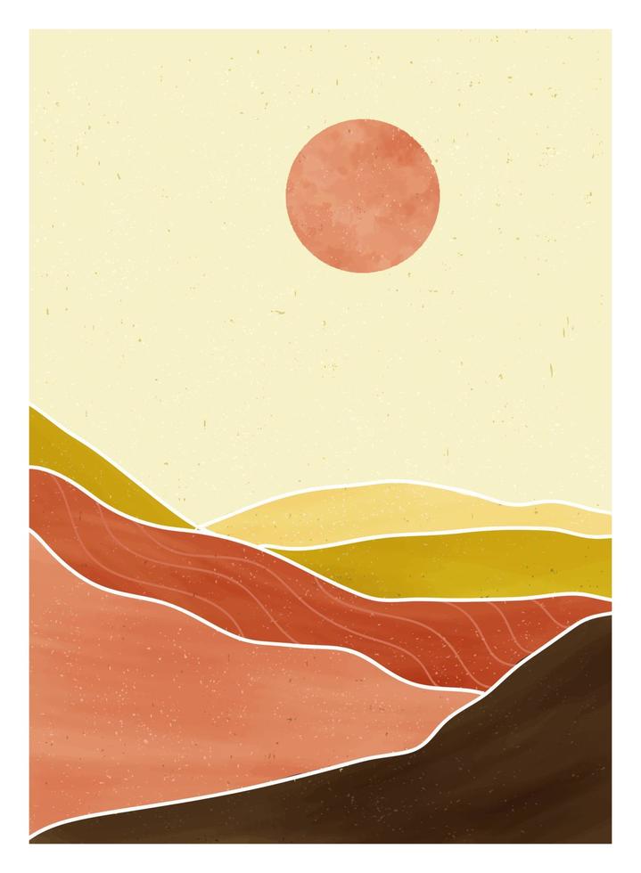 abstrakt bergslandskap bakgrund. kreativa minimalistiska handmålade illustrationer av modern konsttryck från mitten av århundradet. skog, kulle och måne på uppsättningen vektor