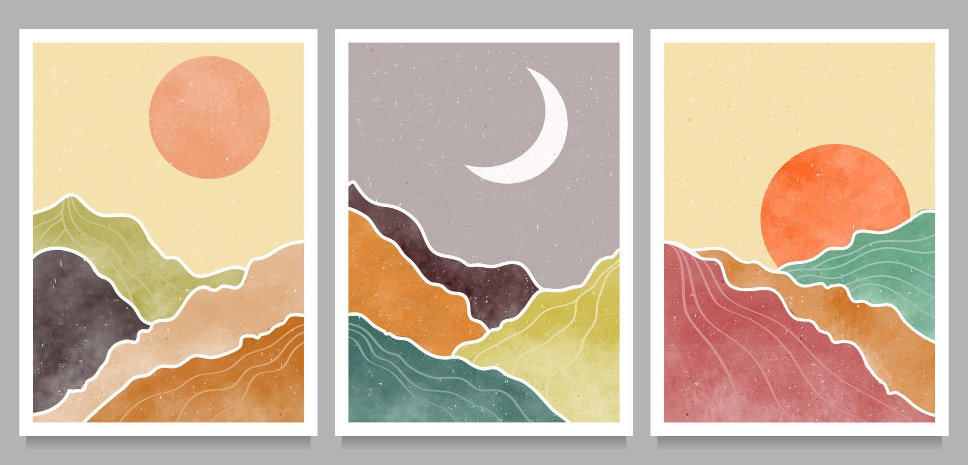 abstrakte Berglandschaft Hintergrund. kreative, minimalistische, handgemalte Illustrationen des modernen Kunstdrucks aus der Mitte des Jahrhunderts. Wald, Hügel und Mond am Set vektor