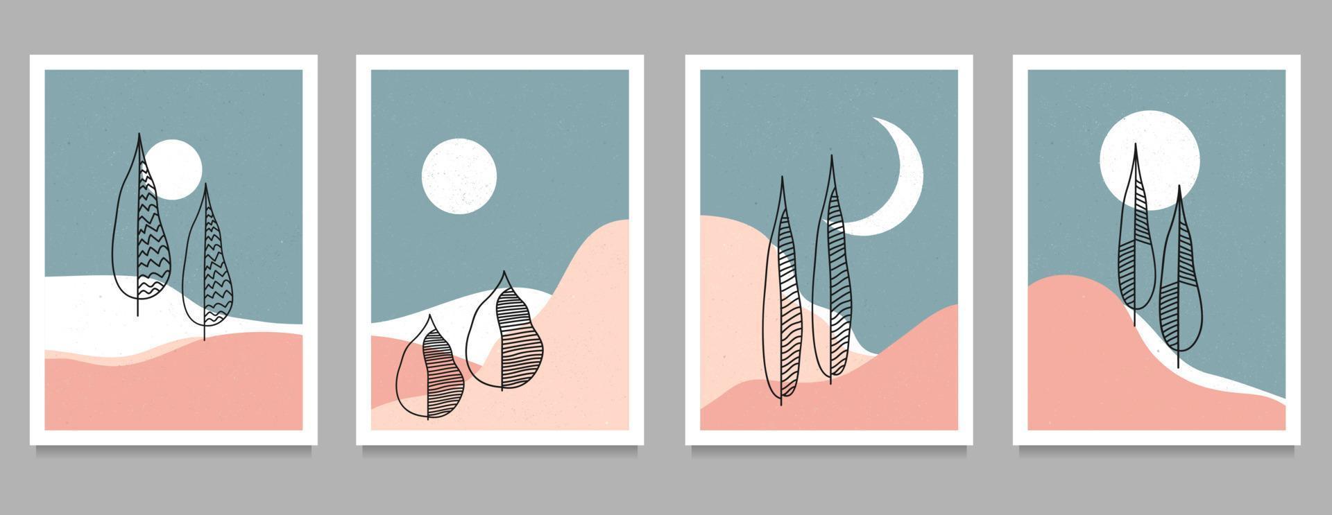 natürlicher abstrakter Berglandschaftshintergrund am Set. kreative minimalistische Illustrationen der Moderne der Mitte des Jahrhunderts. Berg, Wald, Meer, Himmel, Welle vektor