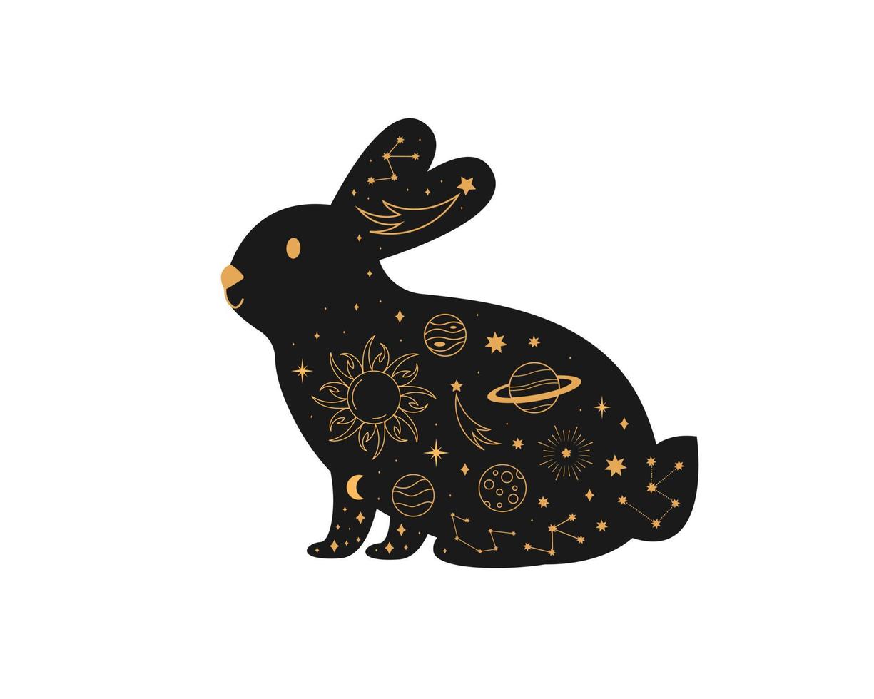 svarta magiska kaniner, mystisk halvmåne esoterisk symbol, konstellationselement. häxigt svart husdjur. vektor