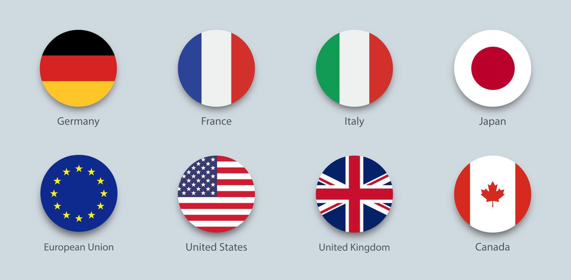 g7 eller grupp om sju. internationella politiska unionen av de största avancerade ekonomierna. vektor flagga Kanada, Frankrike, Tyskland, Italien, Japan, Storbritannien, Förenta staterna. runda geometriska former.